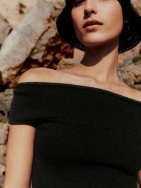 ME + EM Black 100% Cotton Cheesecloth Shirred Bandeau Off Shoulder Top Size 8